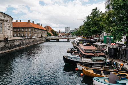 Copenhagen, Denmark - August 10, 2016. Canal in historical city of Copenhagen a cloudy day of summerのeditorial素材