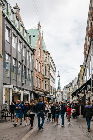 Copenhagen, Denmark - August 10, 2016. Stroget Street. Commercial street in historical city centre of Copenhagen a cloudy day of summerのeditorial素材