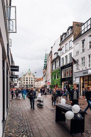 Copenhagen, Denmark - August 10, 2016. Stroget Street. Commercial street in historical city centre of Copenhagen a cloudy day of summerのeditorial素材