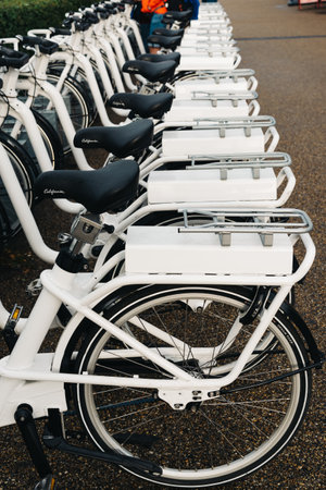 Copenhagen, Denmark - August 10, 2016. Row of white rental Go-bikes, which can be hired per hour. Selective focusのeditorial素材