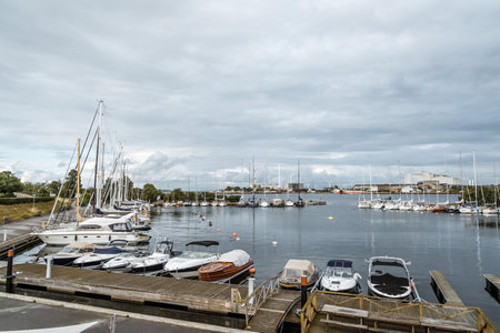 Copenhagen, Denmark - August 10, 2016. Private yachts moored in marina in Copenhagen a cloudy day of summer. There are many marinas and havens for berthing in Copenhagenのeditorial素材