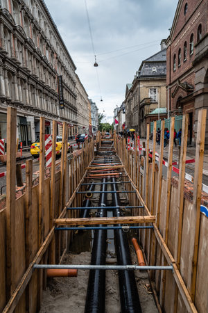 Trench shoring for pipe passage in historical city streetのeditorial素材