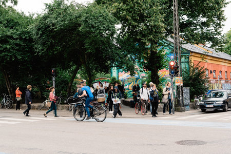 Copenhagen, Denmark - August 12, 2016: Young people in Christiania. Also known as Freetown Christiania is  an autonomous settlement on the site of a former military barracks in Copenhagen.のeditorial素材