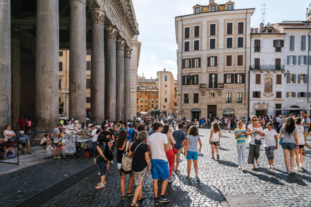 Rome, Italy - August 18, 2016: Outdoor view of Pantheon of Agripa in Rome with a crowd of tourists a sunny summer day. The Pantheon is a former Roman temple, now a church.のeditorial素材