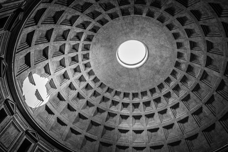 Rome, Italy - August 18, 2016: Indoor view of Pantheon of Agripa in Rome. The Pantheon is a former Roman temple, now a church. Black and whiteのeditorial素材