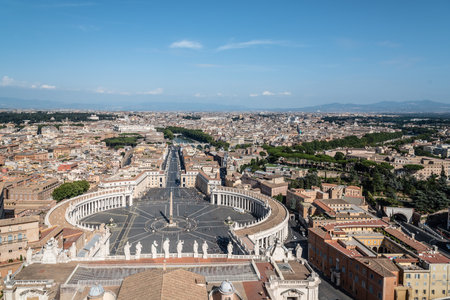 Rome, Italy - August 19, 2016: Aerial view of St Peters Square from the dome. It is located directly in front of St. Peter's Basilica in the Vatican City and was designed by Berniniのeditorial素材