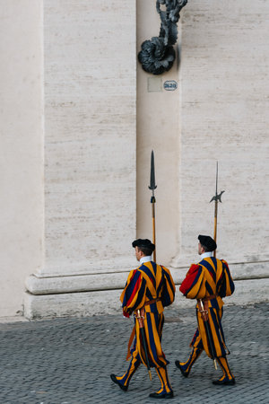 Rome, Italy - August 19, 2016: Papal Swiss guards making the changing of the guard. The Swiss guards served since the late 15th century.のeditorial素材