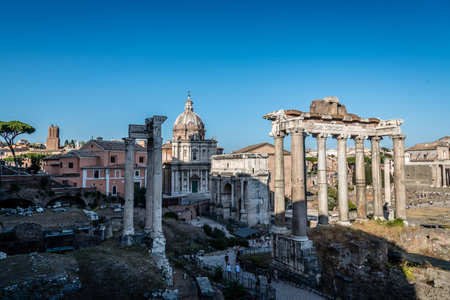 Rome, Italy - August 20, 2016:  View of Forum of Rome a sunny summer day in Rome. It was for centuries the center of Roman public life.のeditorial素材