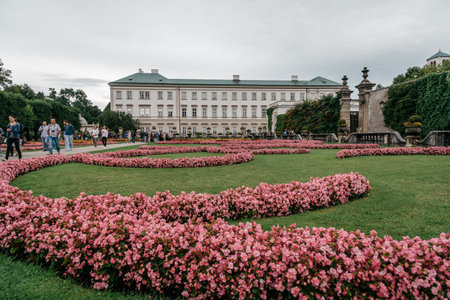 Salzburg, Austria - August 6, 2017: Scenic view of Mirabell Gardens in Salzburg a rainy day of...