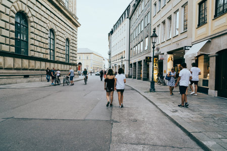 Scenic view of commercial street with luxury stores in city centのeditorial素材