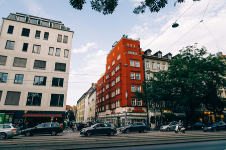 Scenic view of street in city centre of Munich at sunsetのeditorial素材