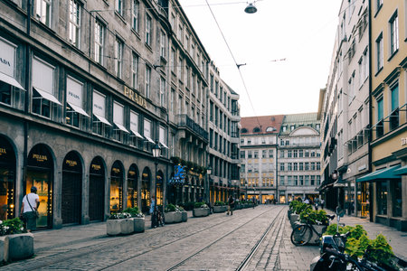 Scenic view of commercial street with luxury stores in city centのeditorial素材