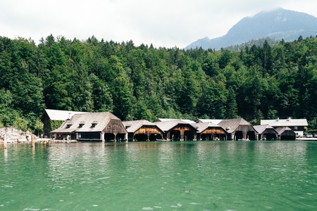 Pier in Konigssee lake a sunny summer dayの写真素材