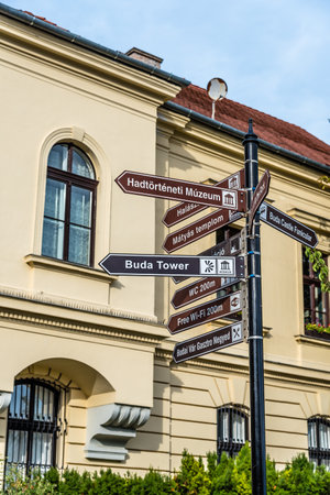 Sign with directions to Budapests landmarksのeditorial素材