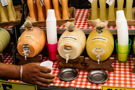 Rome, Italy - August 22, 2016: Limoncello and others liquors in a street market in Campo di Fiori Square in Romeのeditorial素材