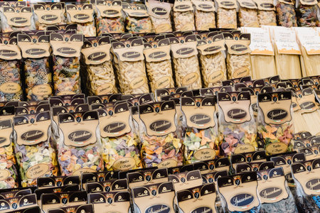 Rome, Italy - August 22, 2016: Assorted selection of Pasta in Campo di Fiori street market in Rome.のeditorial素材