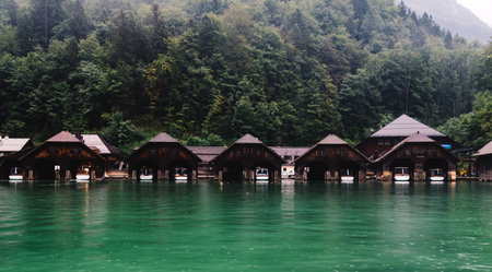 Pier in Konigssee lake a sunny summer day