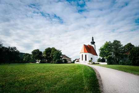 Scenic view of small white church in Austriaのeditorial素材