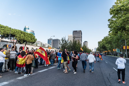 A crowd of people with flags in Spanish National Day Paradeのeditorial素材