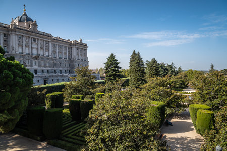 Madrid, Spain - October 15, 2017: Sabatini Gardens and Royal Palace of Madrid. The Sabatini Gardens are part of the Royal Palace in Madrid, Spain .のeditorial素材