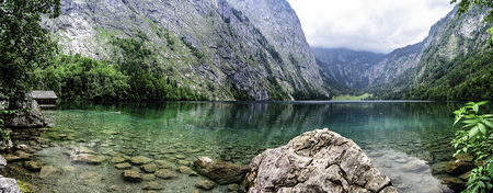 Scenic view of Obersee in Bavaria a misty dayの写真素材