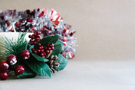 Christmas holiday ornaments on rustic backgroundの写真素材
