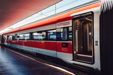 Red train in railway stationのeditorial素材