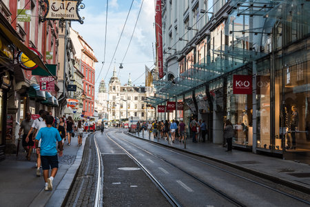 Graz, Austria - August 11, 2017: Commercial street in historical city center of Graz.のeditorial素材