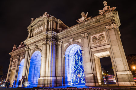 Puerta of Alcala in Madrid at night on Christmas timeのeditorial素材