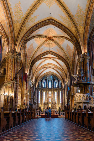 Budapest, Hungary - August 12, 2017:  Interior view of Matthias Church in Budapest. It is a Roman Catholic church located at the heart of Buda's Castle District.のeditorial素材