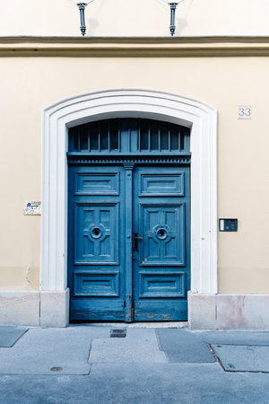 Budapest, Hungary - August 12, 2017:  Exterior door of residential building in the old city of Buda in Budapest.のeditorial素材