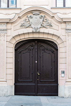 Budapest, Hungary - August 12, 2017:  Exterior door of residential building in the old city of Buda in Budapest.のeditorial素材