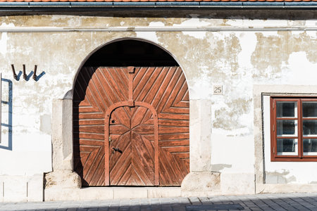 Budapest, Hungary - August 12, 2017:  Exterior door of residential building in the old city of Buda in Budapest.のeditorial素材