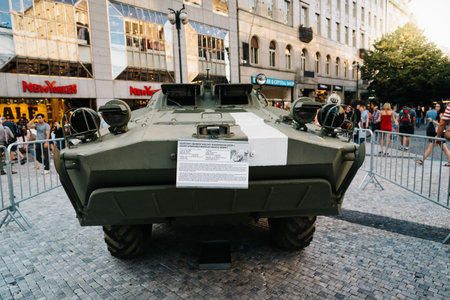 Prague,  Czech Republic - August 18, 2017: Old Soviet tank in exhibition in Wenceslas Square about Prague Spring and Soviet Union invasionのeditorial素材