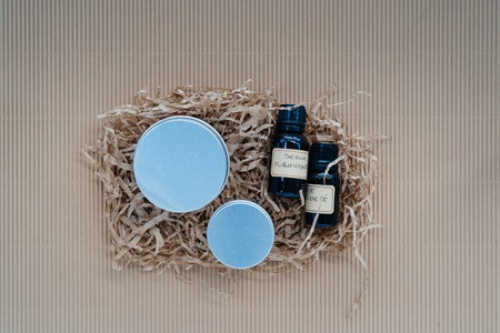 Flat lay of homemade  body and skin care creamsの写真素材