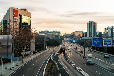 Motorway in Madrid at sunrise