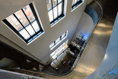 Madrid, Spain - July 9, 2017: High angle view of main hall of Telefonica Building in Gran Viaのeditorial素材