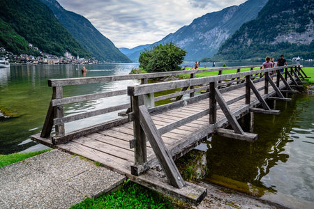 Scenic view of wooden bridge in lake in Hallstatt