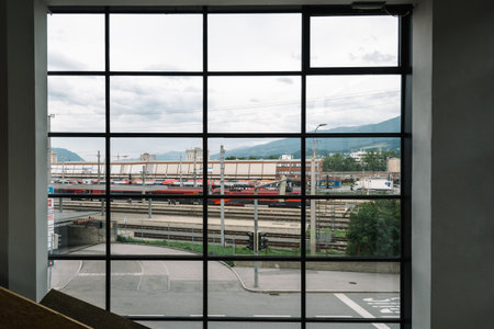 Looking through window of Tyrolean Architecture center in Innsbr