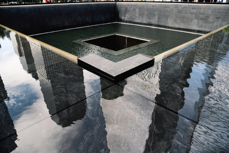 New York City, USA - June 20, 2018: National September 11 Memorial in World Trade Center site