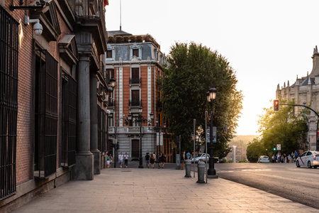 Mayor Street in historic city centre of Madrid at sunset.のeditorial素材