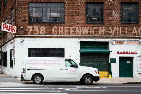 Greenwich Village Garage with plumbing truck parkedのeditorial素材