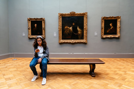 Girl sitting on bench at painting hall in Museumのeditorial素材
