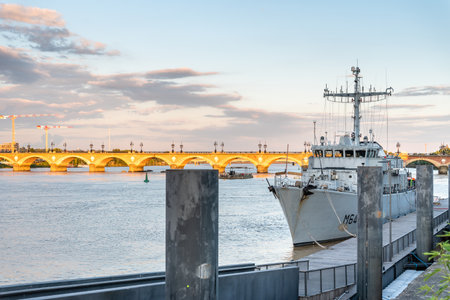River Garonne in Bordeaux with warship, Franceのeditorial素材