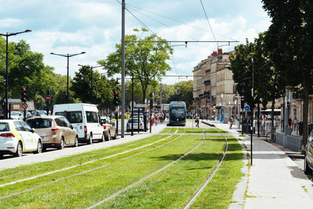 Modern city tram in Bordeaux in a summer dayのeditorial素材