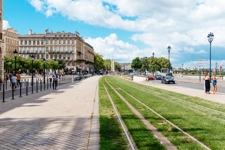 Tramway tracks in Boulevard in Bordeaux, Franceのeditorial素材