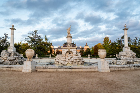 Fountain in Royal Palace of Aranjuez at sunriseのeditorial素材