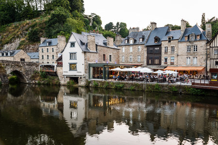 Restaurants in the harbour of Dinan in Brittanyのeditorial素材