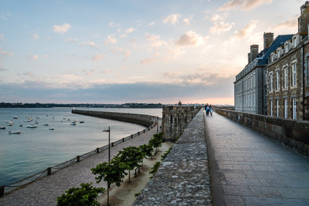 Promenade on ramparts and cityscape at sunsetのeditorial素材