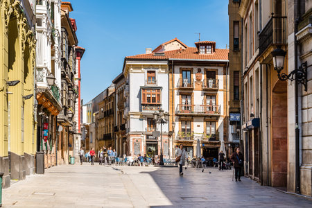 Street in historic city center of Oviedoのeditorial素材